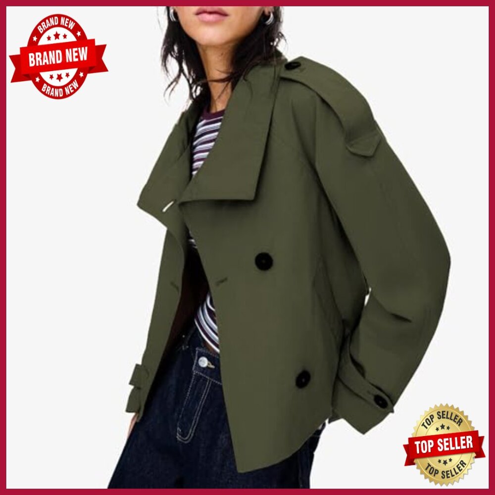 Cropped Trench Coat Double Breasted Belted Jacket Fall Winter Outerwear - Picture 3 of 6